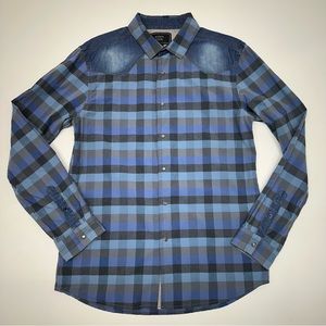 Morse Code Men’s Button Down Plaid Denim Shoulder Patch Long Sleeve Shirt Size L